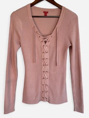 Guess Pink Lace Up Long Sleeve Ribbed Knit Sweater Size XL EUC